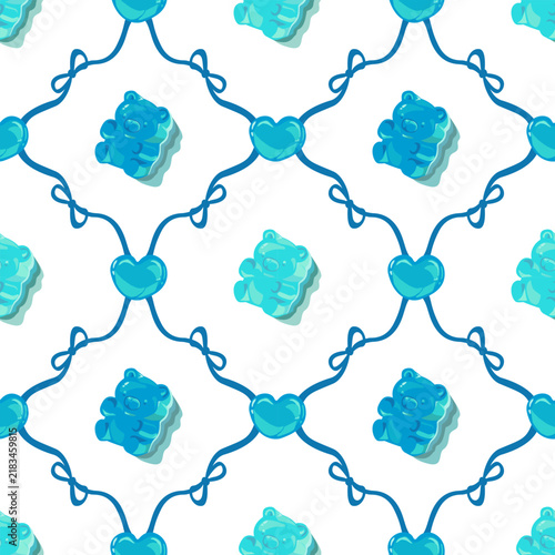 Blue gummy bear seamless pattern with decorative arch frame pattern on white background, jelly candy vector illustration