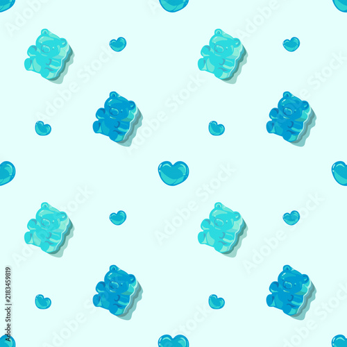 Cute blue gummy bear seamless pattern with little blue hearts on pastel background, sweet jelly candy vector illustration