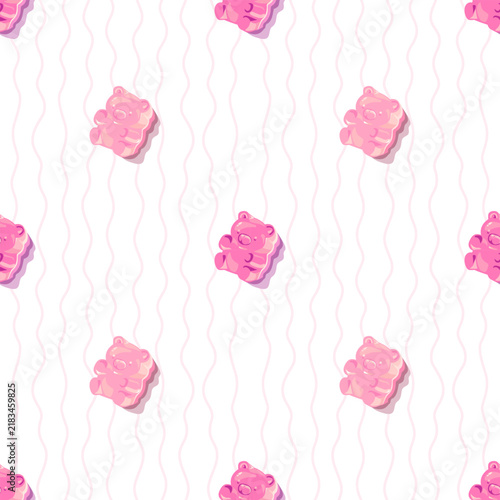 Sweet pink gummy bear seamless pattern on pastel striped background, translucent jelly candy vector illustration