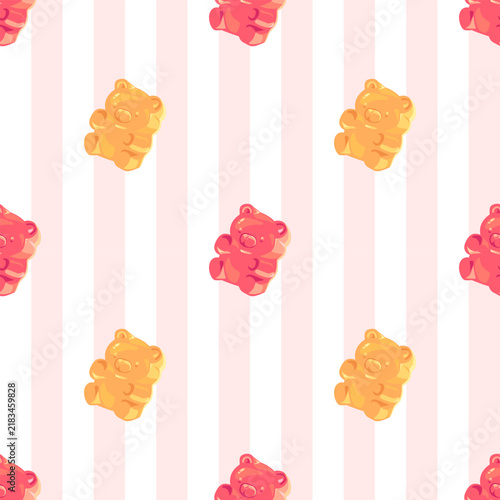 Colorful gummy bear seamless pattern on pink and white striped background, sweet jelly candy vector illustration