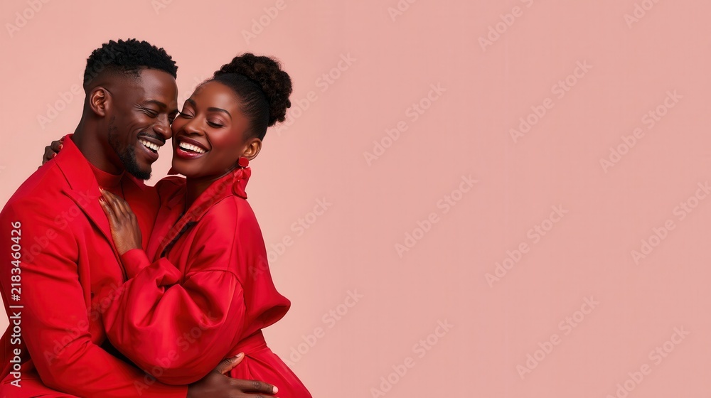 Obraz premium Happy couple in red outfits embracing against pink background