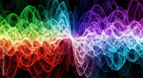 Vibrant chromatic waves pulsate across the deep darkness, creating an energetic display of luminous colors weaving dynamically together to form a mesmerizing visual journey of rhythm and sound