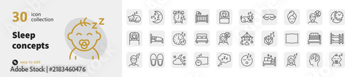 Set of 30 baby sleep and bedtime routine icons in thin line style with nursery icons infant care line art