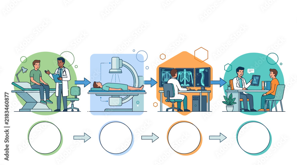 Fototapeta premium Medical diagnosis process infographic with doctor patient consultation and scanning equipment