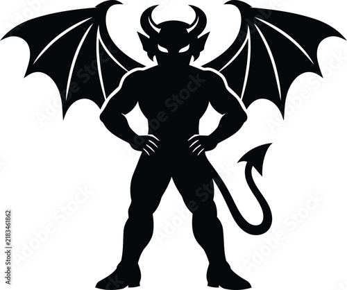 A black silhouette illustration of a standing devil character with wings and a tail on white background