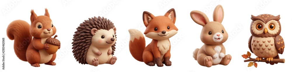 Fototapeta premium Five adorable animals are featured, including a squirrel holding an acorn, a hedgehog, a fox, a rabbit, and an owl perched on a branch. The artwork captures the essence of autumn