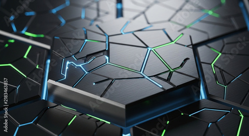 Futuristic microchip processor layout showcasing interconnected hexagonal metallic plates with glowing blue and green electronic circuits running through the advanced hardware system