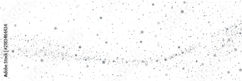 Dense sweeping wave of silver stars on white background. Horizontal festive confetti banner with dynamic trail. Copy space for text