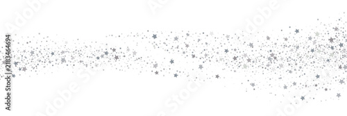 Flowing band of silver stars on white background. Scattered star confetti border. Magic dust trail