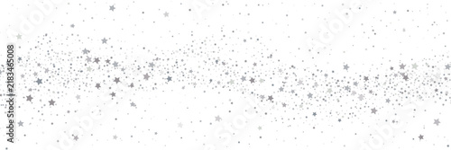 Silver star confetti wave on white background. Abstract panoramic backdrop with scattered grey stars for holiday celebration. Copy space
