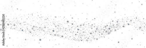 Sweeping silver stars pattern on white background. Wide abstract festive banner with grey confetti wave. Copy space for text