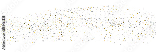 Dense band of gold and silver stars on white background. Horizontal festive confetti banner with concentrated star pattern. Copy space for text