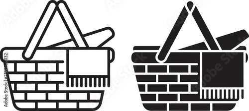 Foto Picnic basket icon featuring woven basketry and blanket design in black and white vector illustration on transparent background