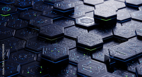 Futuristic electronic pattern featuring interlocking dark hexagonal tiles with glowing green and blue cybernetic circuitry traces creating an advanced technological network environment