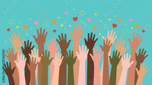 Diverse hands reaching upward against a light teal background with hearts and stars, symbolizing unity and inclusion.