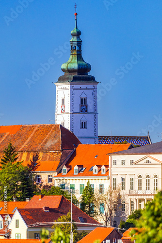 Panoramic View of Zagreb Upper Town with St. Mark's Church and Historic Red Roofs, Zagreb, capital city of Croatia