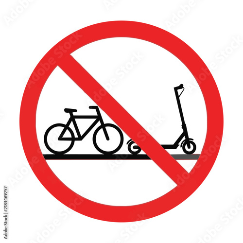Prohibition sign featuring a bicycle and electric scooter silhouette with a red circle and slash isolated on a white background, traffic safety concept
