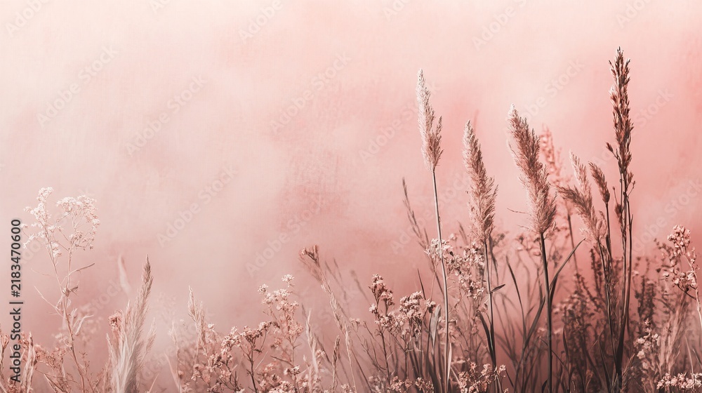Fototapeta premium Abstract Peach Watercolor Background With Delicate Wildflowers Enhancing Artistic Ethereal Beauty