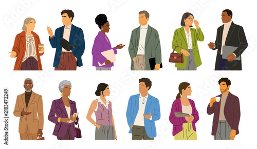 Group of diverse professionals in casual business attire. Each person holds a device, notebook, or coffee cup. People appear confident, engaged, and focused on work. Illustration style is flat