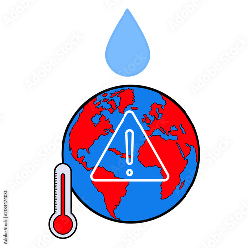 Global Warming Warning Icon: Globe with Teardrop-Shaped Thermometer and Climate Change Emergency Warning Symbol