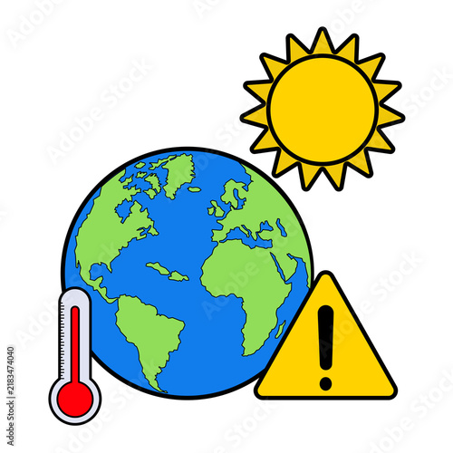 Global Warming and Climate Change Warning Concept. Globe with Sun, Thermometer, and Warning Sign