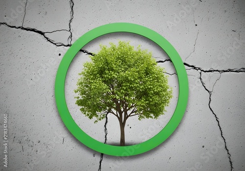 Green tree growing from cracked concrete wall