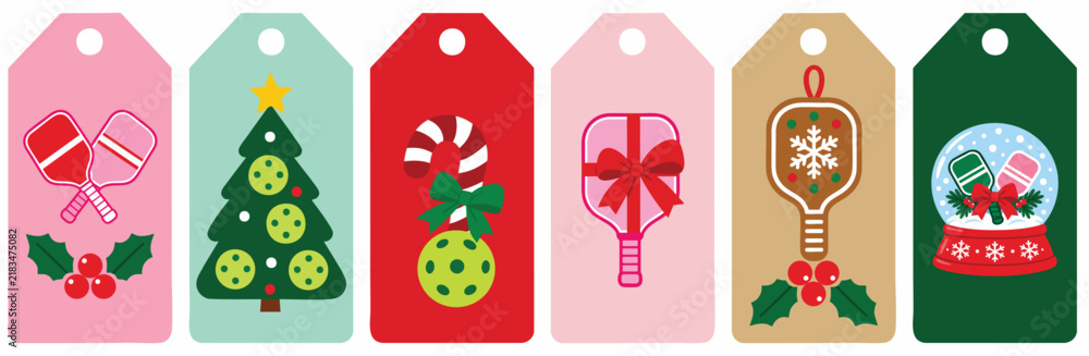 Fototapeta premium Christmas pickleball gift tag set with paddles ornaments and snow globe