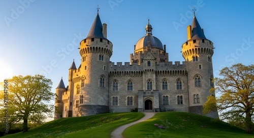 Majestic medieval castle with towers under blue sky