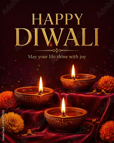 Happy Diwali Poster with Glowing Diya Lamps on Maroon Silk