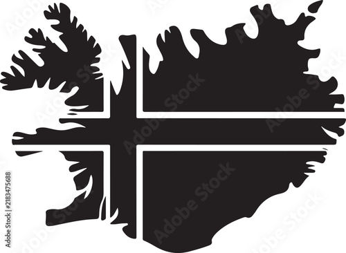 Isolated black silhouette of the map of Iceland featuring the national flag cross design