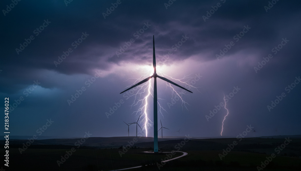Obraz premium Wind turbine during thunderstorm with lightning strikes in the sky 