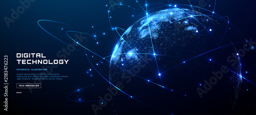 Canvas Print Digital world globe with glowing network connections, orbital lines and illuminated dots isolated on dark blue background with copy space