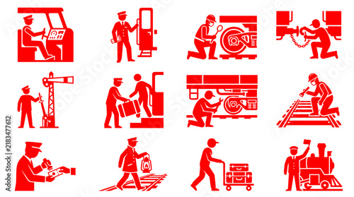 Red vector icons of railway staff working at train stations and tracks, profile view of mechanics and engine drivers.