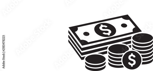 Black and white of dollar bills and coins currency