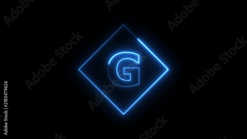 Glowing blue neon letter g inside diamond shape animation on black background, alphabet typography