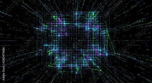 Neon glowing data grid network pulses energy through deep cyberspace, creating dynamic cyber visual effects across a dark virtual dimension with glowing lines moving outward in every direction