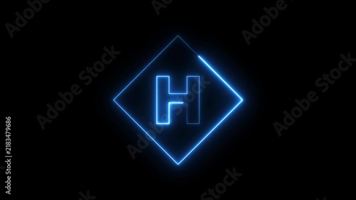 Glowing blue neon letter h inside diamond shape sign animation on black background, alphabet typography