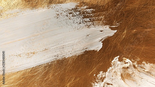 Abstract backdrop combining textured metallic gold paper and wide organic white brushstrokes with fine golden and brown flecks, frayed painterly edges