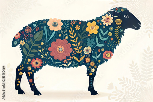 Abstract silhouette of sheep with floral pattern showcasing vibrant flowers and leaves, artistic representation of nature's beauty. Concept of sheep as a symbol of tranquility and creativity.