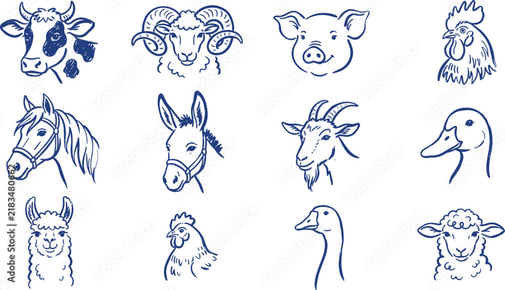 Obraz premium Domestic Farm Animals Face Portrait Line Art Vector Icon Set Featuring Cow Horse Pig Sheep Goat Donkey Alpaca Rooster Duck and Goose Illustrations