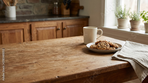 Rustic kitchen scene with coffee mug and chocolate chip cookies on a wooden table near a sunlit window