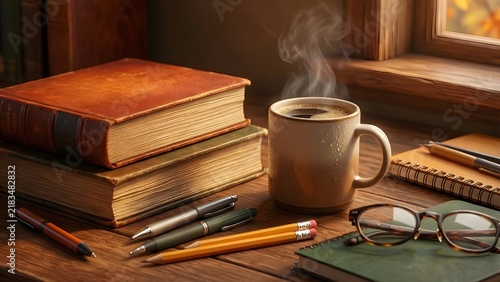 Hot Steaming Coffee Mug on Vintage Books with Eyeglasses and Pencils on Wooden Desk