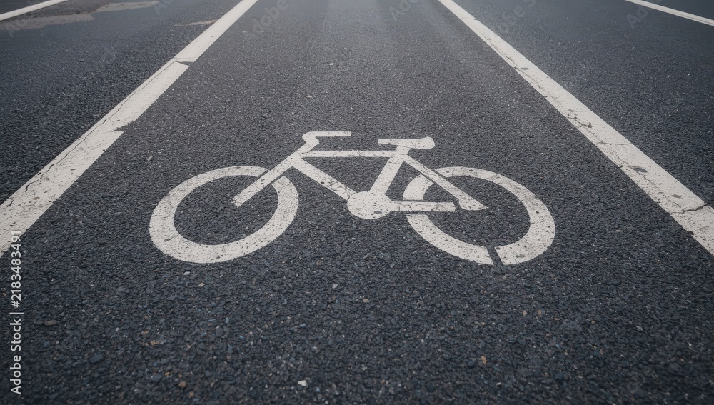 Fototapeta premium Urban Cyclist Riding Safely Along a City Street Bike Lane with Road Signs and White Direction Symbols for Modern Sustainable Transportation