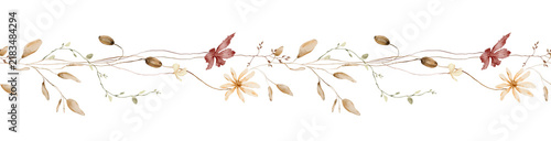 Fotografie Hand painted watercolor seamless horizontal banner with cream daisies, maroon ma