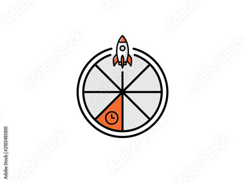 Countdown Icon With Launching Rocket And Orange Progress Ring On White Background In Vector Style