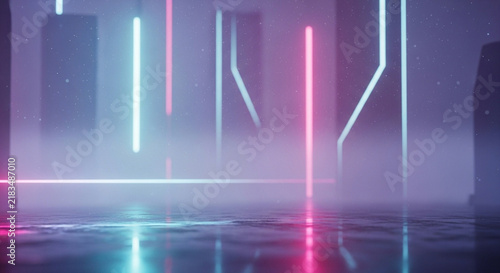 Futuristic cyberpunk cityscape emerges through thick atmospheric fog as vibrant neon lights cast colorful reflections across the wet pavement during a dark rainy night in the metropolis