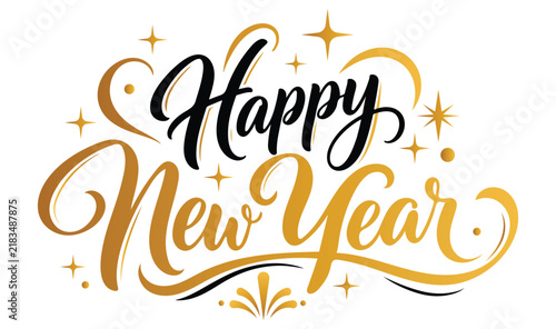 Happy new year sophisticated gold and black script typography with gold lettering calligraphy design sparkling stars graphic ornament decorative font party element