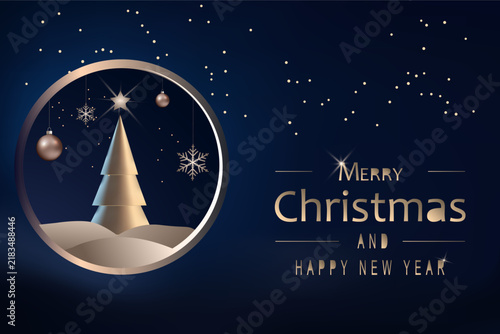 Elegant Christmas and New Year greeting card with a minimalist golden Christmas tree, ornaments and snowflakes inside a circular frame on a dark navy blue background. Vector illustration.