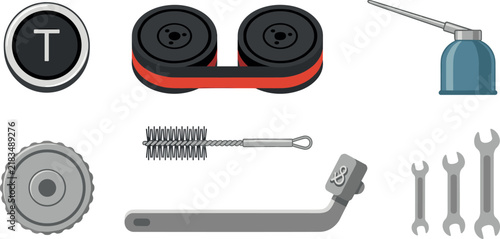 Photography Vintage Typewriter Repair and Maintenance Tools Vector Set with Ink Ribbon Spool