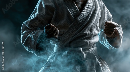 A martial artist in a white gi stands in a fighting stance with clenched fists against a smoky background.
